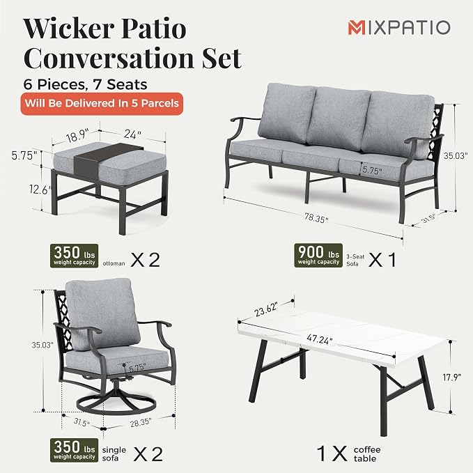 MIXPATIO Patio Furniture Set 6 pcs, Outdoor Patio Furniture, 3-Seat Sofa, 2 Swivel Chairs, 2 Ottomans, Coffee Table and 5.75" Extra Thick Cushion, Patio Conversation Set for Garden Backyard Deck,Grey