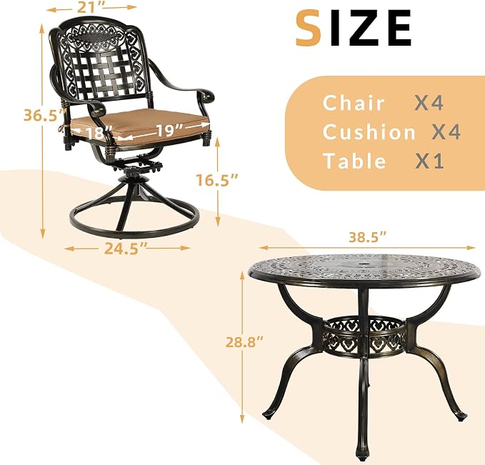 5 Piece Patio Dining Set, Outdoor Table and Chairs Set for 4 Cushioned Swivel Rocking Chairs and 38.5'' Round Table, All-Weather Cast Aluminum Patio Funiture Set, 2'' Umbrella Hole