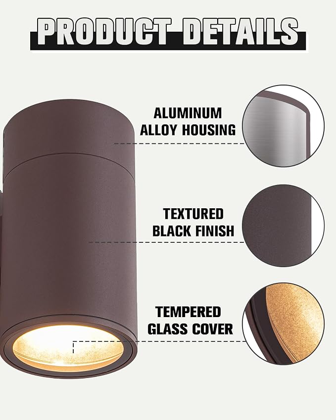 Ken & Ricky Modern Aluminum Outdoor Wall Sconce Lights,Brown Color，2 Pack | Downward Outside Wall Light With Glass Cover,No Glare Exterior Lighting Fixtures,For House Front Porch Garage Patio Entryway