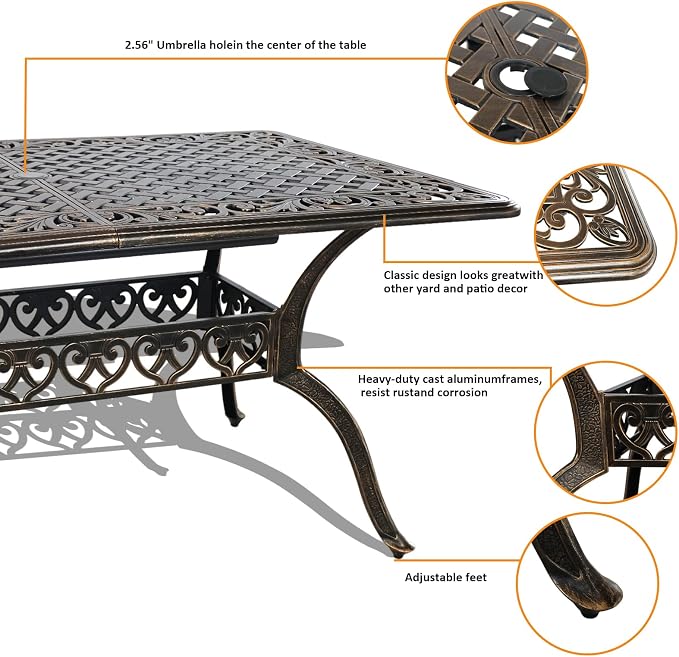 59" Cast Aluminum Outdoor Dining Table,Dining Conversation Side Table, Patio Bistro Table with 2.56" Umbrella Hole for Backyard, Garden, Patio, Porch