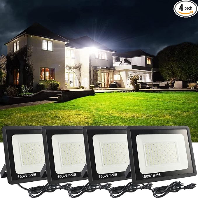 4Pack LED Flood Light Outdoor,150W LED Work Light 15500lmwith 6FT US Plug,IP66 Waterproof Exterior Security Lights,6000K Daylight White Outside Floodlights Slim Design for Playground Yard