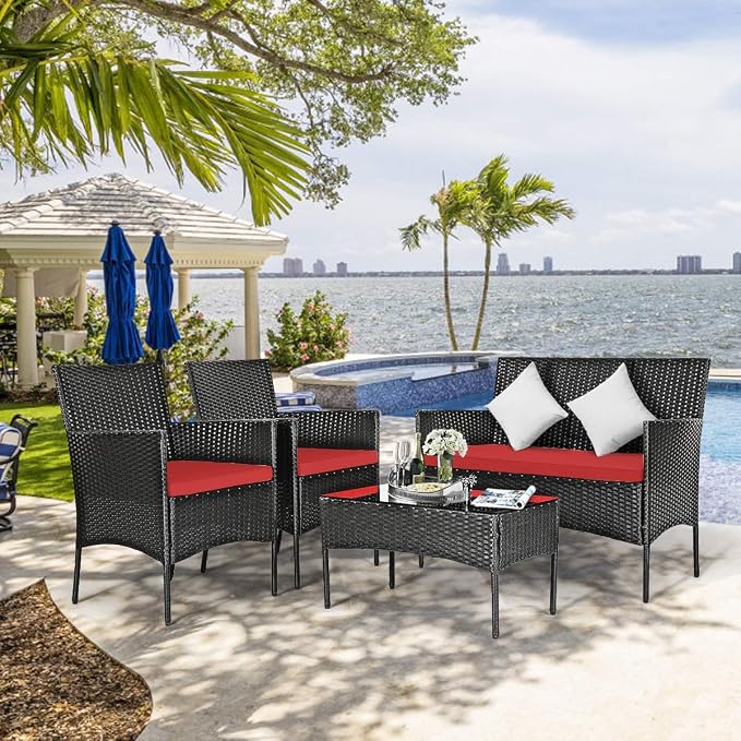 DORTALA Wicker Patio Furniture Set 4 Piece, Rattan Outdoor Table and Chairs Set with Loveseat, Cushions, All Weather Balcony Conversation Sofa Set for Porch, Backyard, Deck, Red