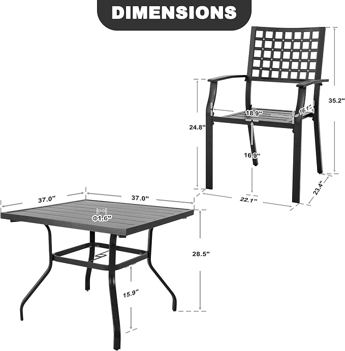 NUU GARDEN 5 Piece Outdoor Patio Dining Set, 37" Square Dining Table with 1.57" Umbrella Hole and 4 Dining Chairs, Powder-Coated Finish, for Garden,Patio, Deck, Backyard, Black