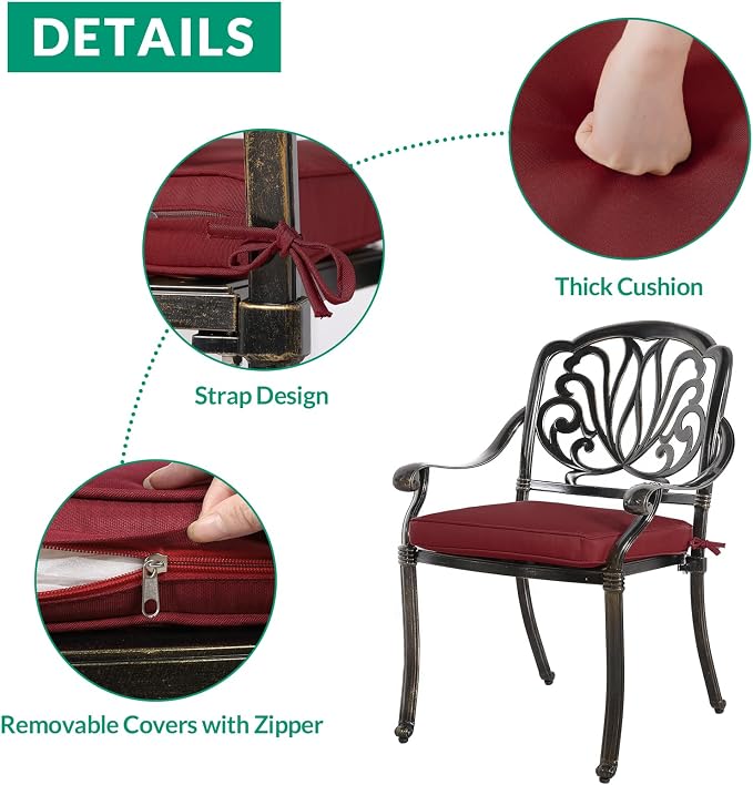 VIVIJASON 3-Piece Patio Bistro Sets, All-Weather Cast Aluminum Bistro Table Set Outdoor Patio Furniture, Include 2 Cushioned Chairs and 35.4" Round Table, 2" Umbrella Hole, Red Cushion