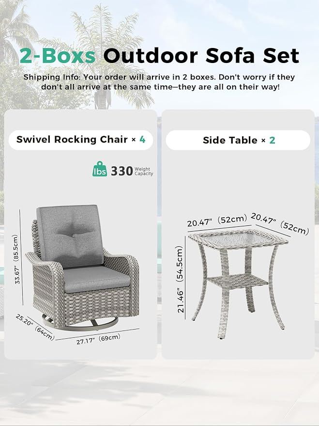 6 Piece Outdoor Patio Rocking Swivel Chairs,High Back Wicker Rattan Bistro Set with Thickened Cushions & Tempered Glass Side Table, Patio Furniture Set for Garden, Backyard, Porch, Gray