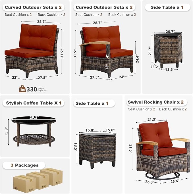 MEISSALIVVE 9-Piece Half-Moon Curved Outdoor Patio Furniture Set, Sectional Conversation Sofa with 2 Swivel Glider Chairs, Coffee & Side Tables for Backyard Deck Garden, Red