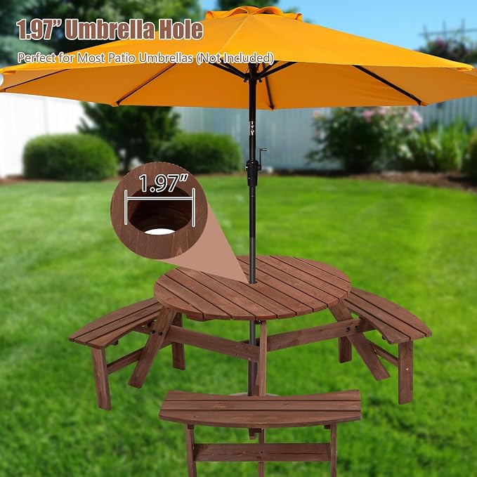 HRVEOCEI 8-Person Round Picnic Table with 4 Built-in Benches & Umbrella Hole, Wooden Picnic Tables for Outdoors, Patio, Backyard, Garden, 66.92"X66.92"X27.55, 2220lb Capacity (Round, Brown, 6-Person)