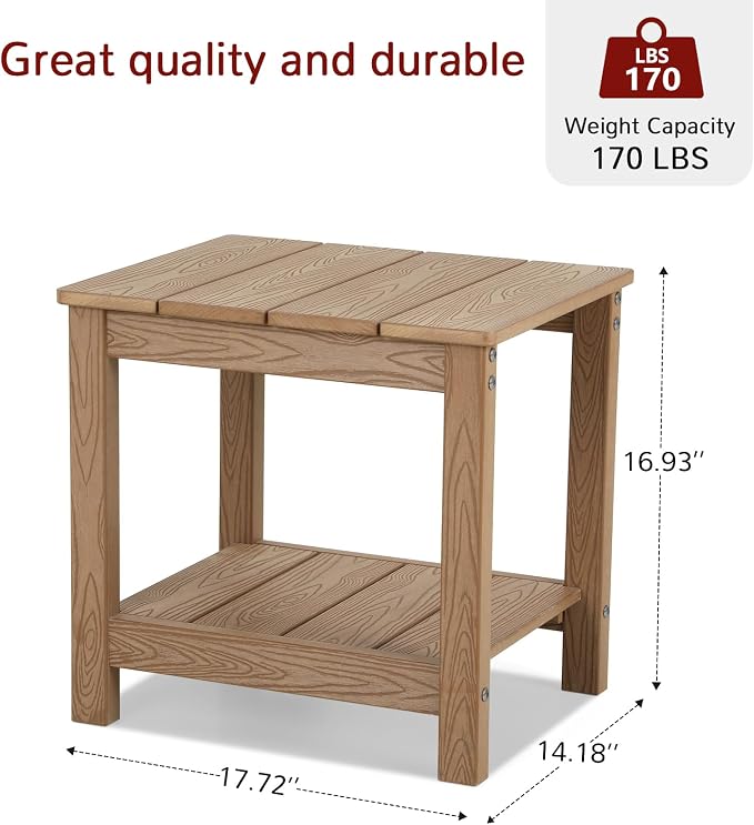 Stoog HIPS Outdoor Side Table, Weather Resistant 2-Tier Rectangle Patio End Table, Easy to Clean & Maintain, for Deck, Balcony, Garden, Teak