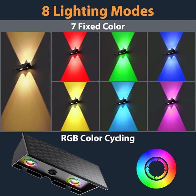 2PACK Solar Wall Lights Outdoor ,8 Lighting Modes Up and Down Solar Sconce Lights Dusk to Dawn Lighting IP65 Waterproof Solar Lights Outdoor for House Exterior Front Porch Garage Fence Patio Yard