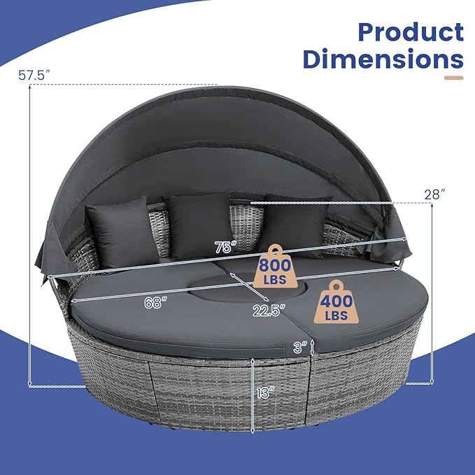 RELAX4LIFE Round Outdoor Daybed with Canopy, Rattan Wicker Sectional Sofa Set w/Cushions, Height Adjustable Table, Conversation Bed Lounger Separated Seating for Outside Pool, Patio Daybed (Grey)