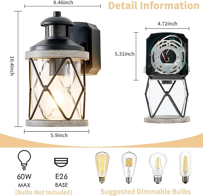 Dusk to Dawn Motion Sensor Outdoor Porch Light with GFCI Outlet,3 Lighting Modes Anti-Rust Waterproof Industrial Outdoor Lantern,Exterior Work lights Rustic Wood-Like Finish Wall Light (White, 1 Pack)