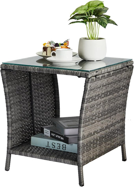 Wicker Rattan Side Table, Outdoor Square Rattan Coffee End Table with Tempered Glass Top and Storage for Patio Porch Lawn (Gray)