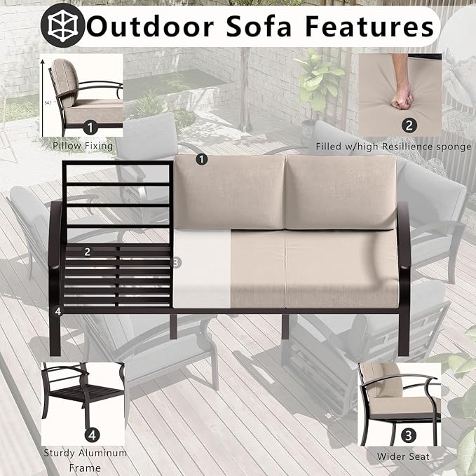Aluminum Patio Furniture Set with Fire Pit Table, 9 Seats Outdoor Patio Conversation Sets with Swivel Chair Modern Metal Sectional Sofa with Upgrade Cushions for Patio, Backyard - Sand