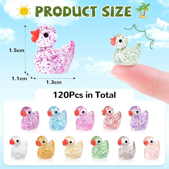 TINKRSTUFF 120PCS Mini Resin Animals Cute Colorful Glitter Tiny Ducks, Miniature Resin Figures to Hide, Little Animal Accessories Bulk for Topper Garden Dollhouse Landscape Aquarium Ornament DIY Craft