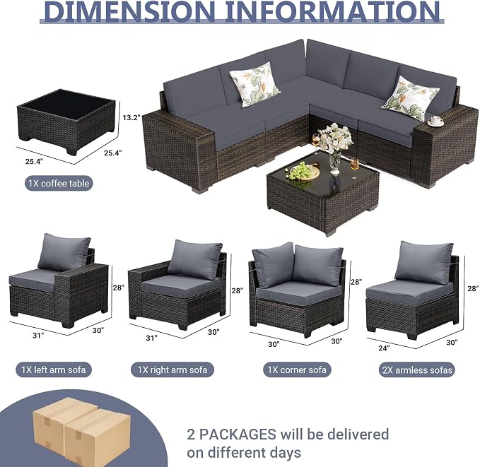 JOYURE 6 Pieces Patio Furniture Set, Outdoor Sofa with Waterproof Cushions, Rattan L Shaped Patio Couch & Coffee Table, Modern Outdoor Furniture for Backyard, Deck, Balcony – Grey