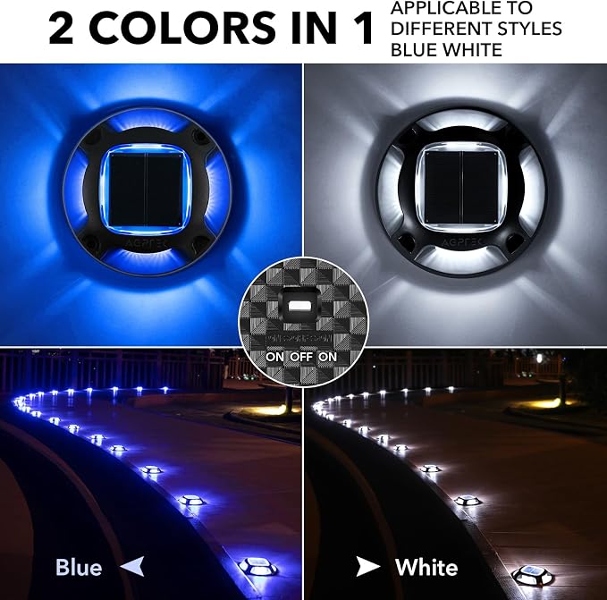 AGPTEK Solar Driveway Lights Outdoor 4 Pack, 2 Color Modes LED Deck Dock | Marine Waterproof Driveway Marker Lights for Step Sidewalk Stair Garden Pathway Walkway Yard (Blue Light/Cool White, Black)
