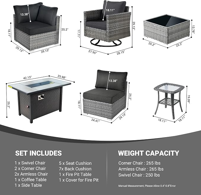 Weaxty 8 Piece Outdoor Sectional with Fire Pit Table, All Weather Wicker Patio Furniture Set with Swivel Rocker Chair Coffee Table, Thick Cushion Couch Conversation Sets for Garden Deck Backyard Black