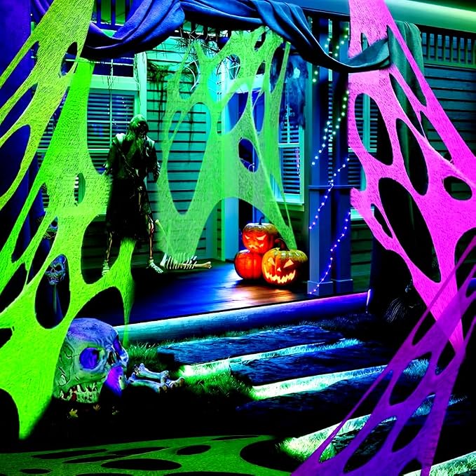 Glow in the dark 1300 Sqft 5 colors Uncut Giant Spider Web Cowebs Halloween Decorations Outdoor with 1 Black Light &10 Ground Nails Stretchy Beef Cloth Netting DIY Flexible for Yard Party Decor