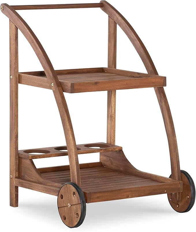 Linon Chandler Acorn Finished Acacia Wood Outdoor Bar Trolley with Three Bottle Glass Holders