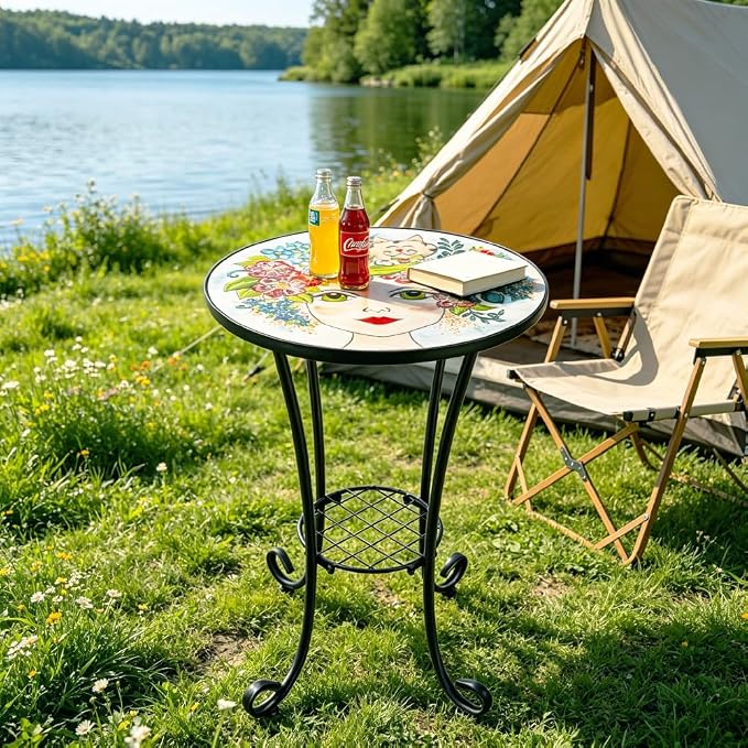 Mosaic Outdoor Side Table Small Round Patio Table Plant Stand | 21" Accent End Table with 14" Ceramic Tile Top for Small Spaces Porch Pool Garden Decor Indoor Living Room Bedroom Balcony