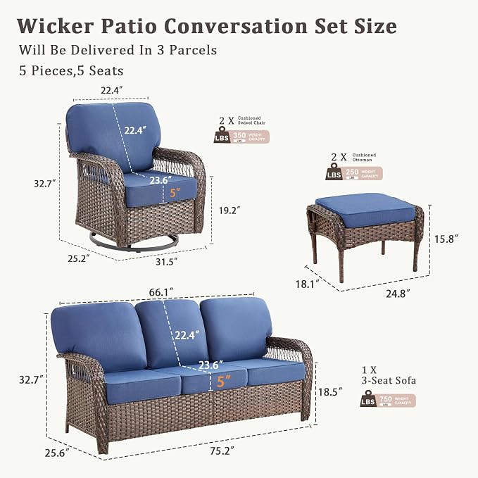 5 PCS Patio Furniture Set Outdoor Sectional Sofa Couch with Rocking Swivel Chairs 5" Deep Seat Chairs, Modern Wicker Rattan Conversation Set, Blue/Brown Wicker