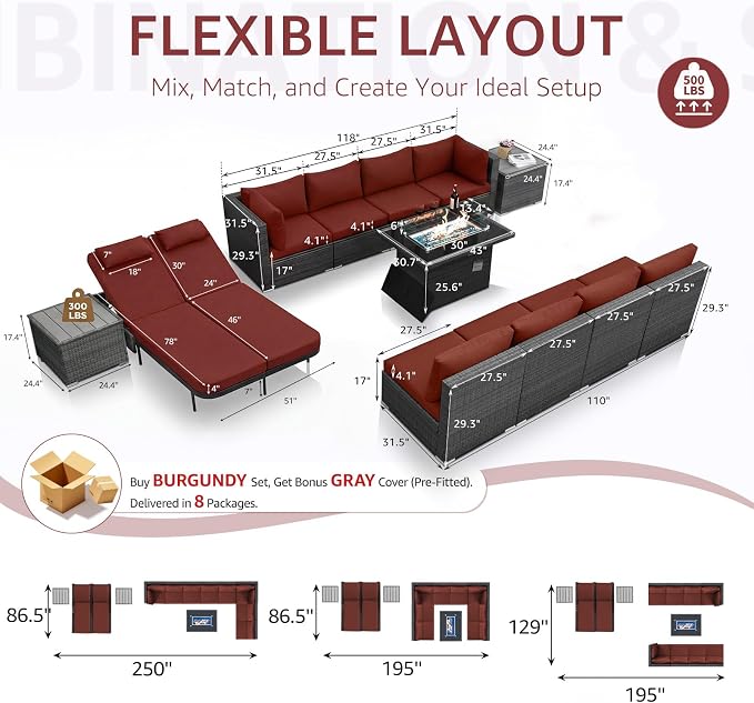 NICESOUL 13 Piece Outdoor Furniture with Fire Pit, Luxurious Wicker Patio Sectional with Fire Pit & Chaise Lounge, 500 lbs Heavy Duty 10-Person Deep Wide Couch Set for Deck, Lawn, Grey & Burgundy