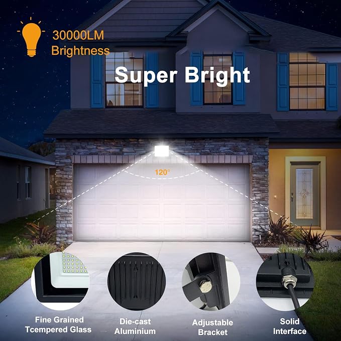 300W LED Flood Light Outdoor, LED Work Light,Floodlight Fixture with Plug in IP66 Waterproof, 6500K 2Pack Security Light for Yard Garden Stadium Garage Playground