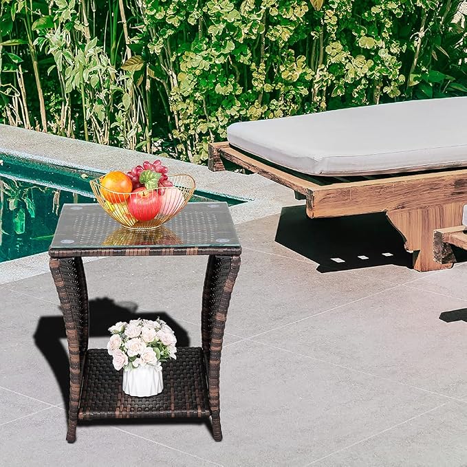 Outdoor Wicker Side Table, 18.1" Square End Table with Tempered Glass Top & Storage Shelf, Resin Wicker Coffee Table for Patio, Porch, Backyard, Balcony,Brown