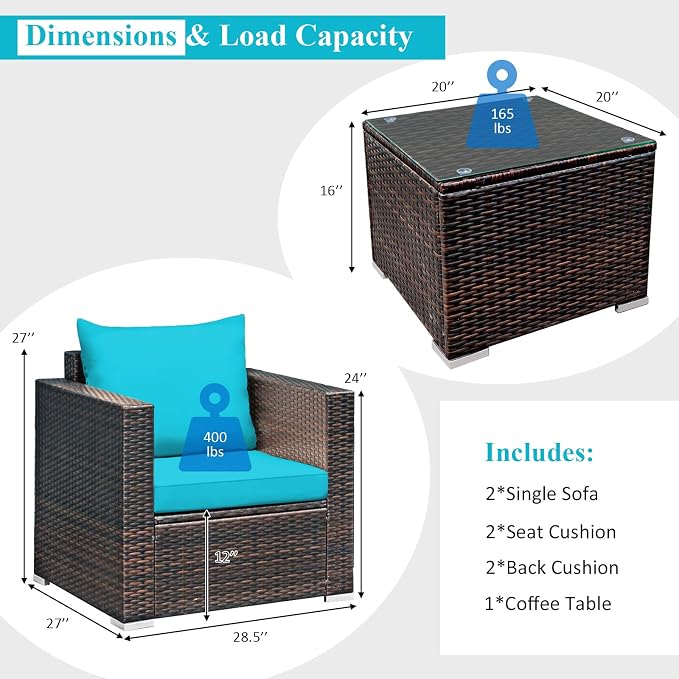 COSTWAY 3-Piece Patio Furniture Set, Outdoor Wicker Rattan Sofa with Cushions and Coffee Table with Tempered Glass, Modern Conversation Chair Set for Poolside Backyard Balcony Lawn (Turquoise)