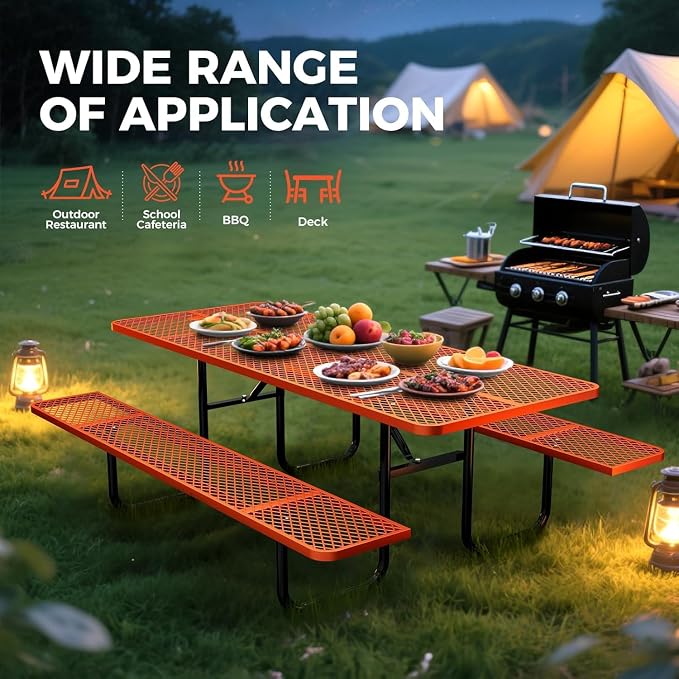 72" Coated Round Metal Picnic Table for 4-6 Person, Durable Heavy Duty Commercial Picnic Table with Umbrella Hole for Outdoor Coffee Shop, School, Easy to Install, Orange