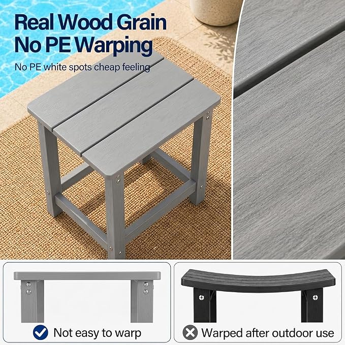 MXIMU Outdoor Side Table for Patio: Heavy-Duty Sturdy Warp Resistant Adirondack Table - Wood Grain Finish Outdoor End Tables - Easy Assembly & Low Maintenance Patio Side Table Grey