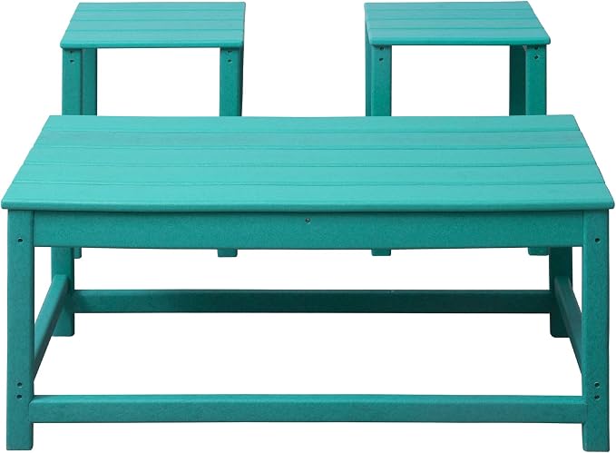 WO Home Furniture HDPE 2pcs Side and 1pc Coffee Table for Adirondack Chair, Weather and UV Resistant for Outdoor, Patio, Backyard, Porch, Garden, Turquoise