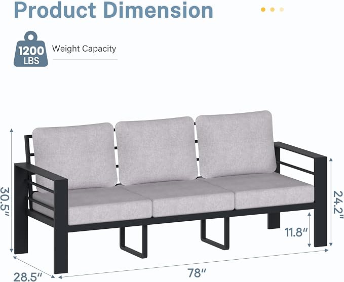 3-Seater Outdoor Patio Sofa, Metal Outdoor Couch with 3.54” Wide Seat and Thick Cushions, Modern Heavy Duty Patio Furniture for Backyard, Garden