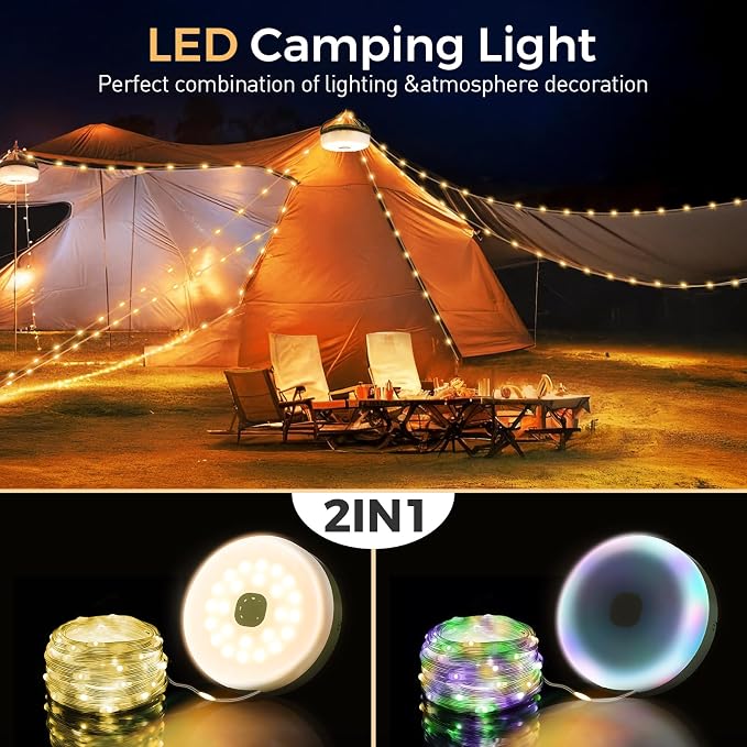 Camping String Lights, 32.8FT Rechargeable Camping Lights with Quick Storage Reel, 8 Modes Waterproof Hanging LED Camping Lights for Tent, RV Awning, Patio and Outdoor Camping Gear Essentials