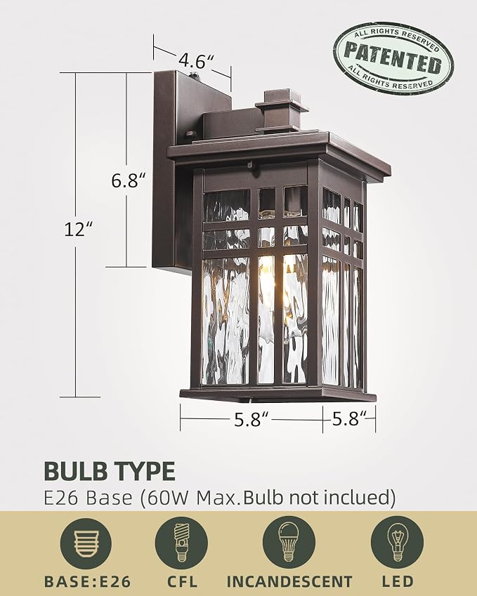 Dusk to Dawn Outdoor Lighting, HWH Outdoor Wall Lights Exterior Wall Lantern Light Waterproof, Oil-Rubbed-Bronze Finish with Water Ripple Glass, 5HD27B-PC ORB-WP