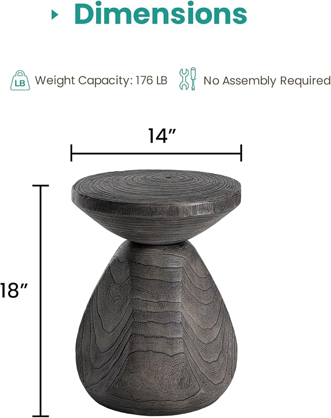SUNBURY Outdoor Side Table, 14" Small Outdoor End Table, Patio Side Tables w Tree Ring, Round Concrete Side Tables, Garden Stool Plant Stand for Front Porch, Pool (Grey)