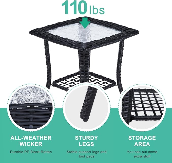 Outdoor Wicker Side Table, Rattan End Table with Glass Top, Patio Coffee Bistro Table for Indoor Garden Porch Balcony (Black)