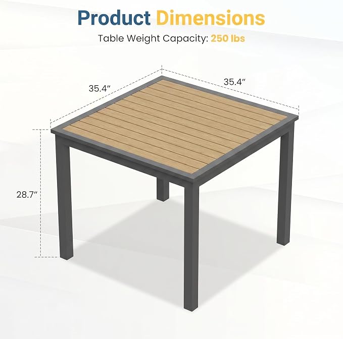 Aluminum Outdoor Table for All-Weather, 35.4" Patio Tables with Heavy Duty HDPS Square Tabletop, Outside Table with Quick-Drying Slatted Design for Patio, Garden, Deck, Porch, Poolside, Backyard