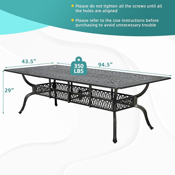 MEETWARM 94.5"x43.5" Cast Aluminum Patio Dining Table, All Weather Large Outdoor Dining Table for 8 Person, Patio Furniture Rectangular Table with Umbrella Hole and Adjustable Foot Pads, Dark Bronze