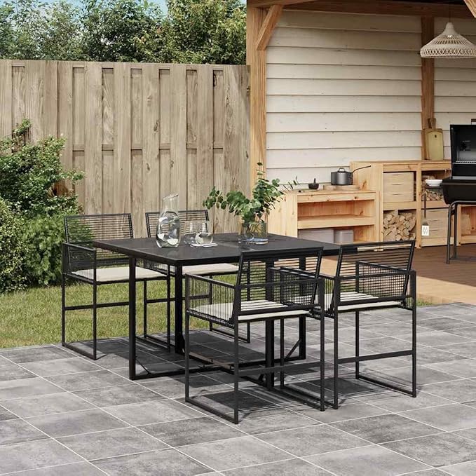 5 Piece Garden Dining Set, Black PE Rattan Outdoor Patio Table and Foldable Chairs, 4 Person Rectangular Dinette Set with Tempered Glass Top for Backyard Deck Balcony