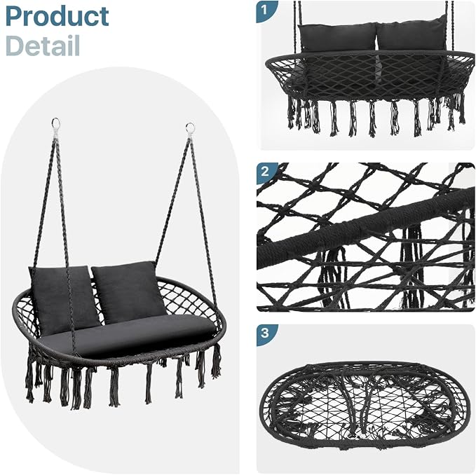 Double Hammock Chair for Indoor & Outdoor Use, Durable Woven Cotton Ropes & Iron Frame, Comfortable Seating for Patio Garden and Porch, 700 lbs Capacity, Black