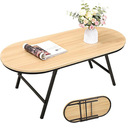 Foldable Coffee Table Natural Wood Oval Coffee Tables No Assembly Portable Floor Table Desk for Sitting on The Floor Low Coffee Table for Small Spaces Living Room Outdoor Use