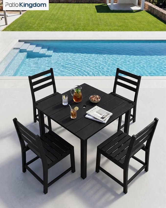 HDPE Outdoor Dining Set for 4, Square Table and Chairs, Black | All-Weather HDPE, Wood Grain Finish, 42.5" Square Table, Built-In Umbrella Hole, Seats 4, Patio & Poolside Ready