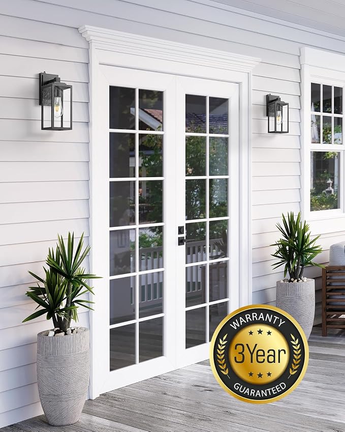 VIANIS 2 Pack Dusk to Dawn Sensor Outdoor Wall Lighting, Black Exterior Light Fixture Wall Mount for House, Anti-Rust Modern Outside Sconce Lantern with Tempered Seeded Glass for Front Porch, Garage