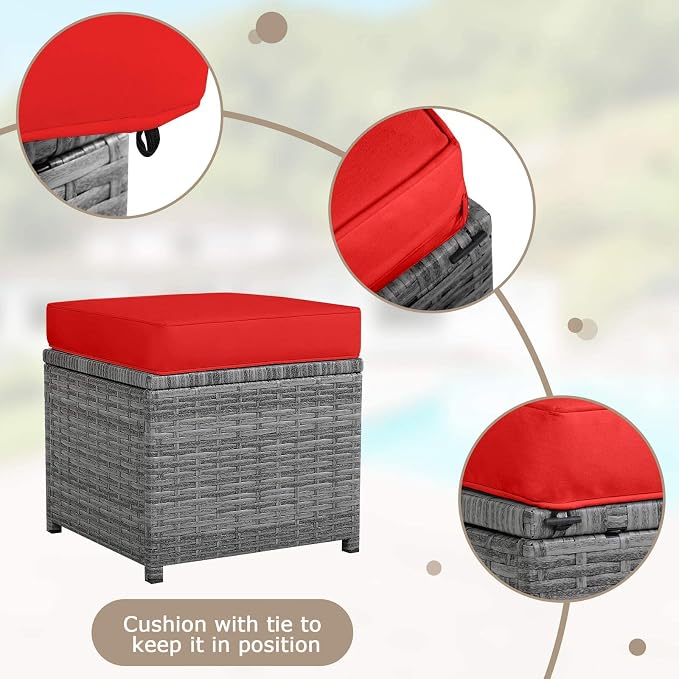 HAPPYGRILL 7 Pieces Rattan Wicker Patio Conversation Set, Outdoor Patio Furniture Set with Cushions, Rattan Sofa Set with Dining Table & Ottomans for Poolside Backyard Balcony Garden (Red)