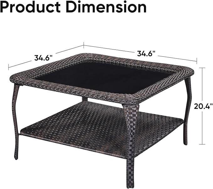 Patio Table Outdoor Coffee Tables - Rattan Wicker Coffee Table with Glass Top and 2-Tier Storage Shelf Square for Outdoor Patio Porch Deck Balcony Garden(Brown/Glass Top)