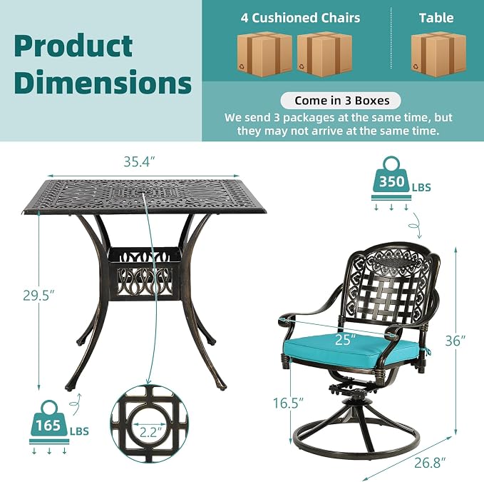 MEETWARM 5-Piece Outdoor Patio Dining Set, All-Weather Cast Aluminum Patio Conversation Set with 4 Cushions Swivel Rocker Chairs for Backyard Garden Deck and 35.4" Square Table, Ocean Blue