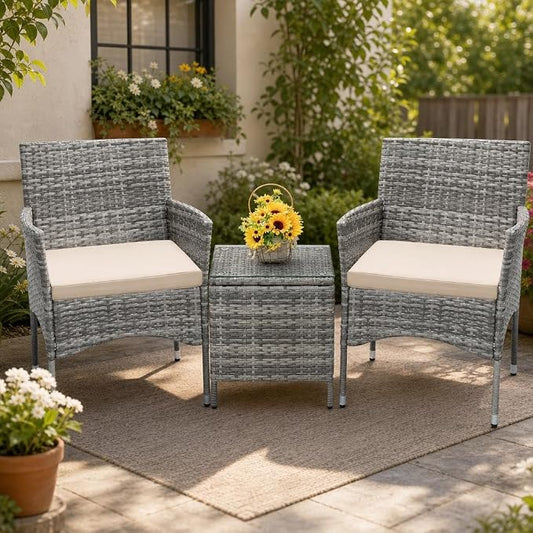 Garvee Patio Conversation Set 3 Piece, Brown Wicker Rattan Outdoor Furniture Set with Cushioned Chairs and Glass Top Coffee Table for Small Patio, Porch, Balcony, Backyard