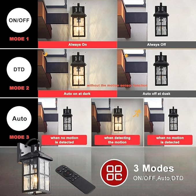 Porch Lights Outdoor with Remote, Motion Sensor Exterior Lighting Fixtures | 2 Pack Intelligent Outdoor Wall Lights, 4 Lighting Modes Outdoor Sconce Lights for House Patio Front Door Garage