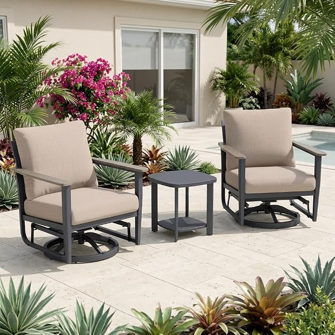 Aluminum Patio Swivel Rocking Chair Outdoor Bistro Set, 3PCS Patio Conversation Set Outdoor Patio Furniture Set with High Backrest & Thickened Cushions for Garden, Deck and Balcony, Sand